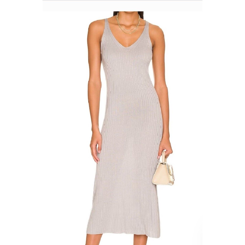 Callahan Knitwear Tammy Midi Ribbed Dress Size S‎ Gray Sleeveless Vneck